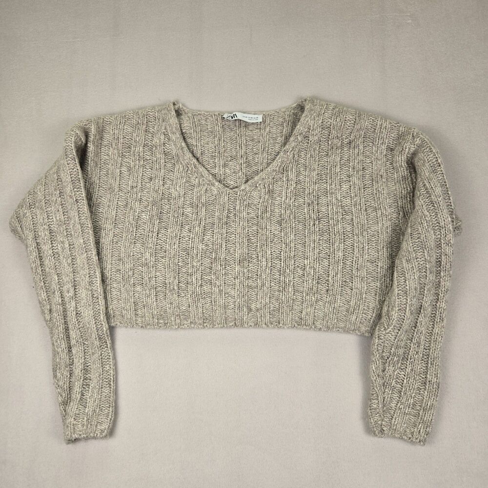 Zara Sweater Womens XSmall Beige Chunky Knit Wool Blend Cropped Oversized Boho - Picture 1 of 6